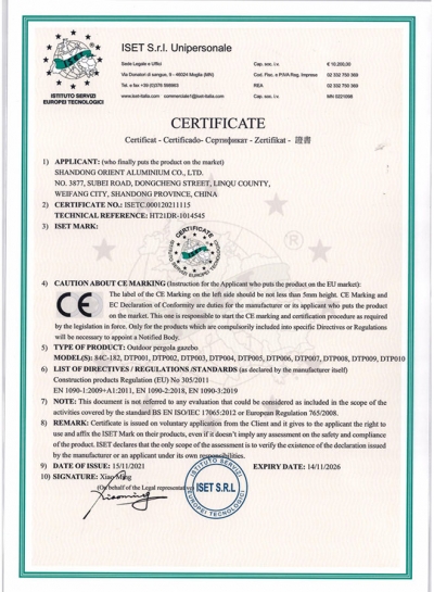 FAS Patio Cover CE Certificate