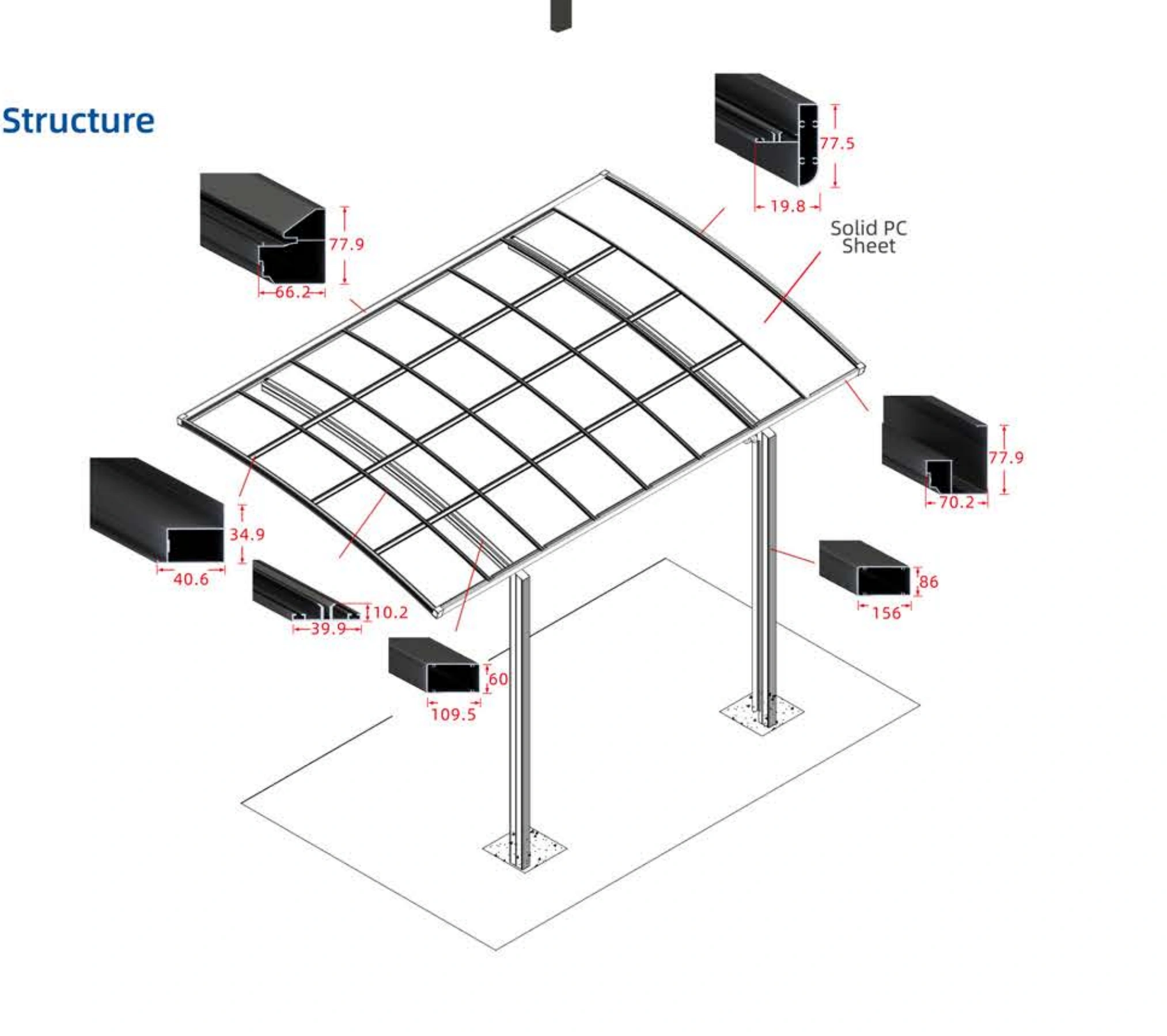 R Shape roof and support sections