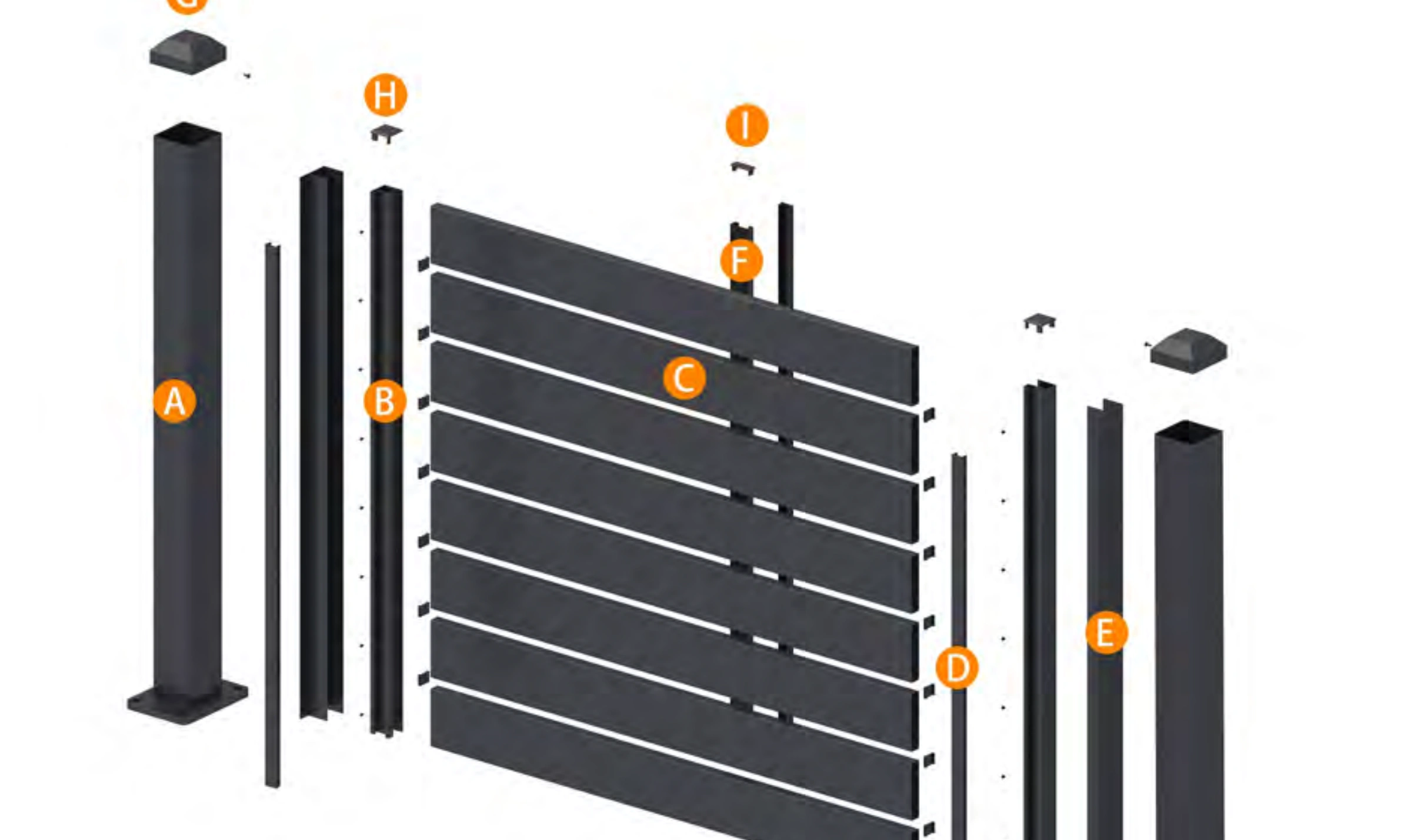 Exploded post, slat and channel assembly