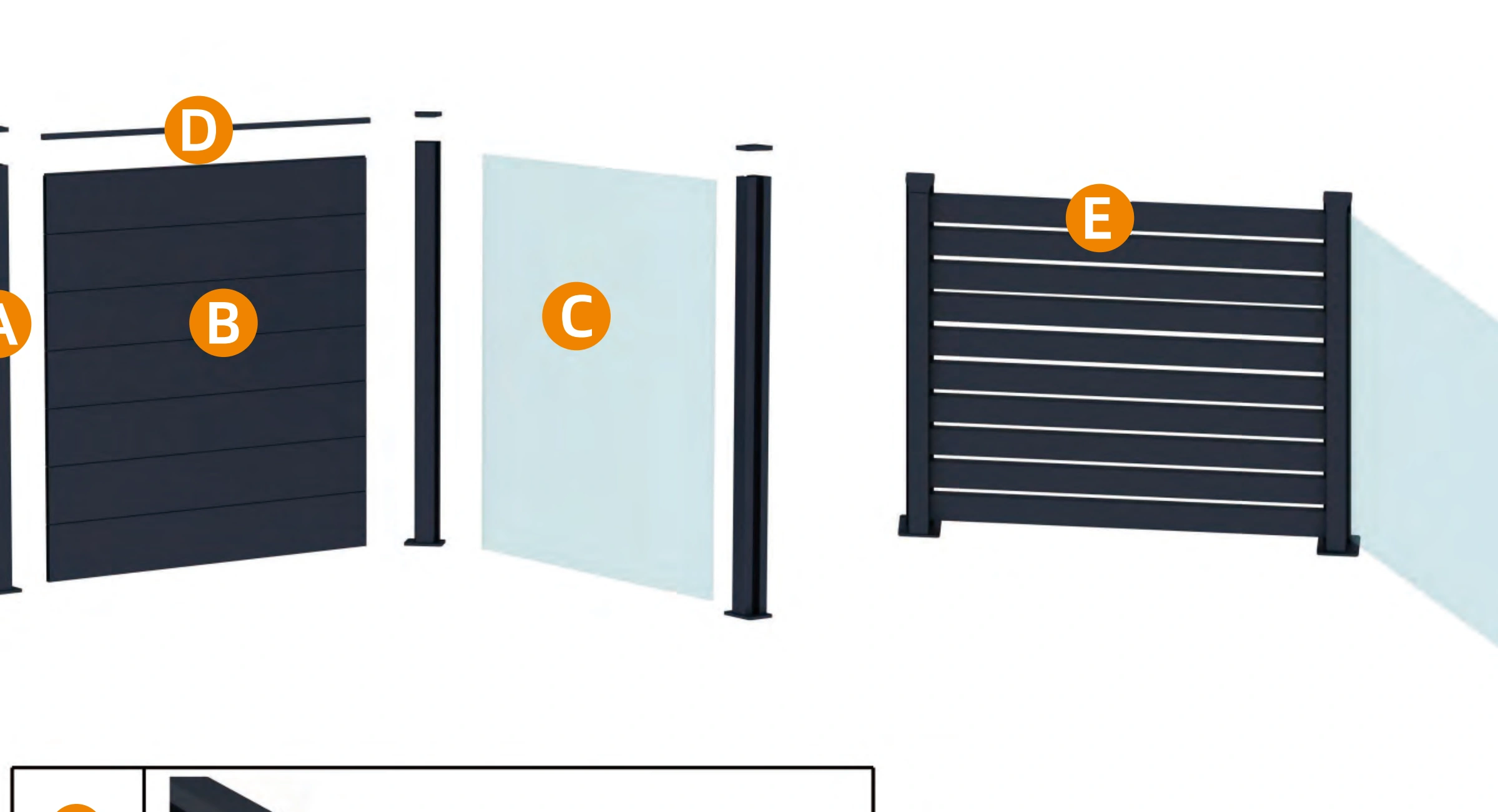 Solid, open-slat and glass infill components