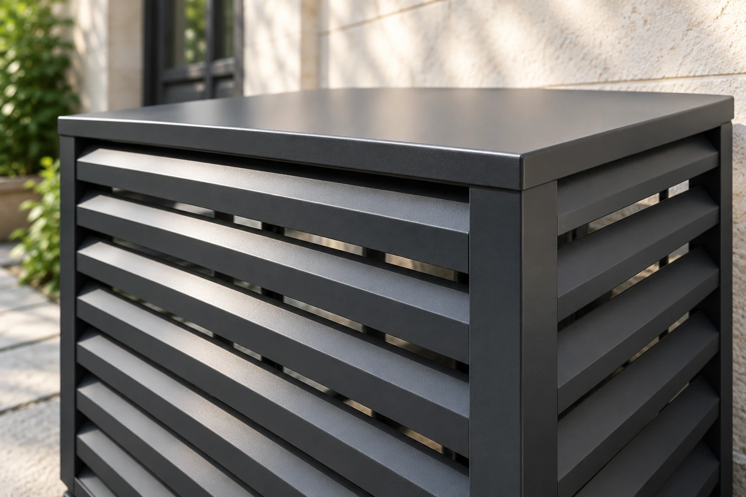 Close view of angled charcoal grille blades and open gaps at an air conditioner cover corner
