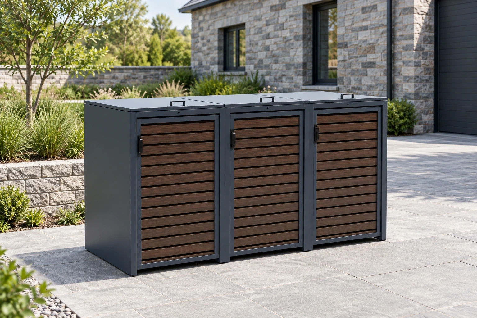 Three equal wood-grain-front bin storage bays beside a stone building.