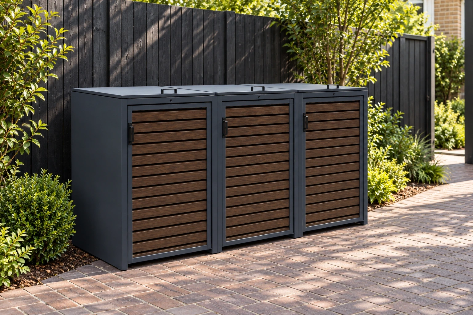 Three dark wood-grain-front bin compartments beside a charcoal garden boundary.