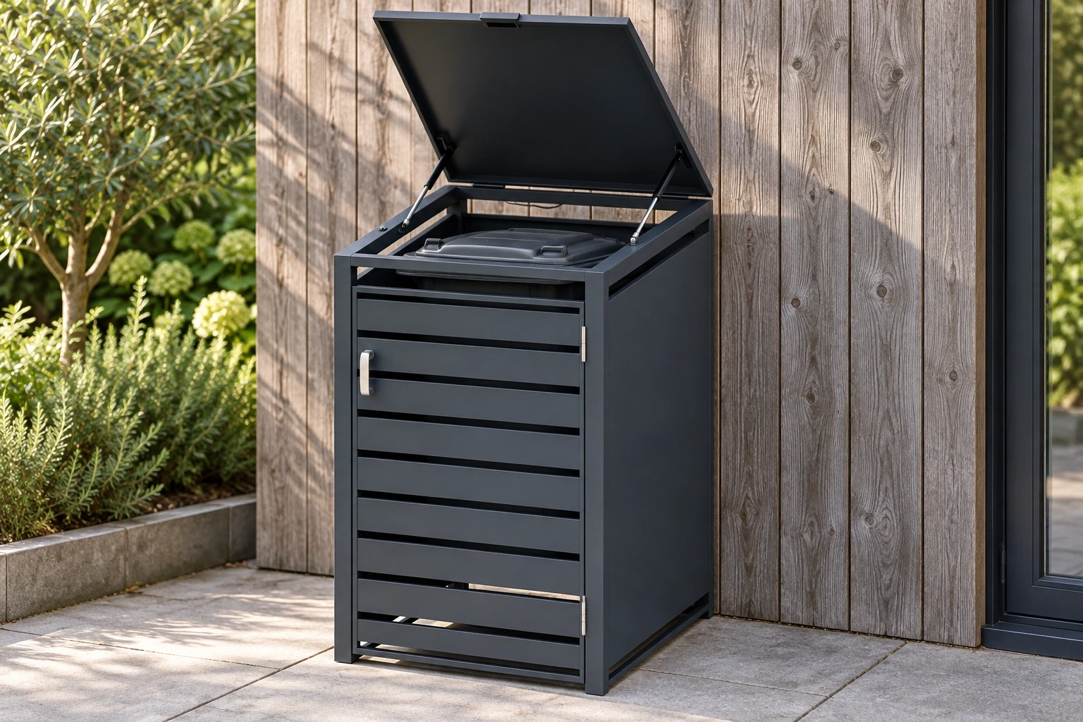 Single charcoal bin enclosure with its lid raised beside a timber garden room.