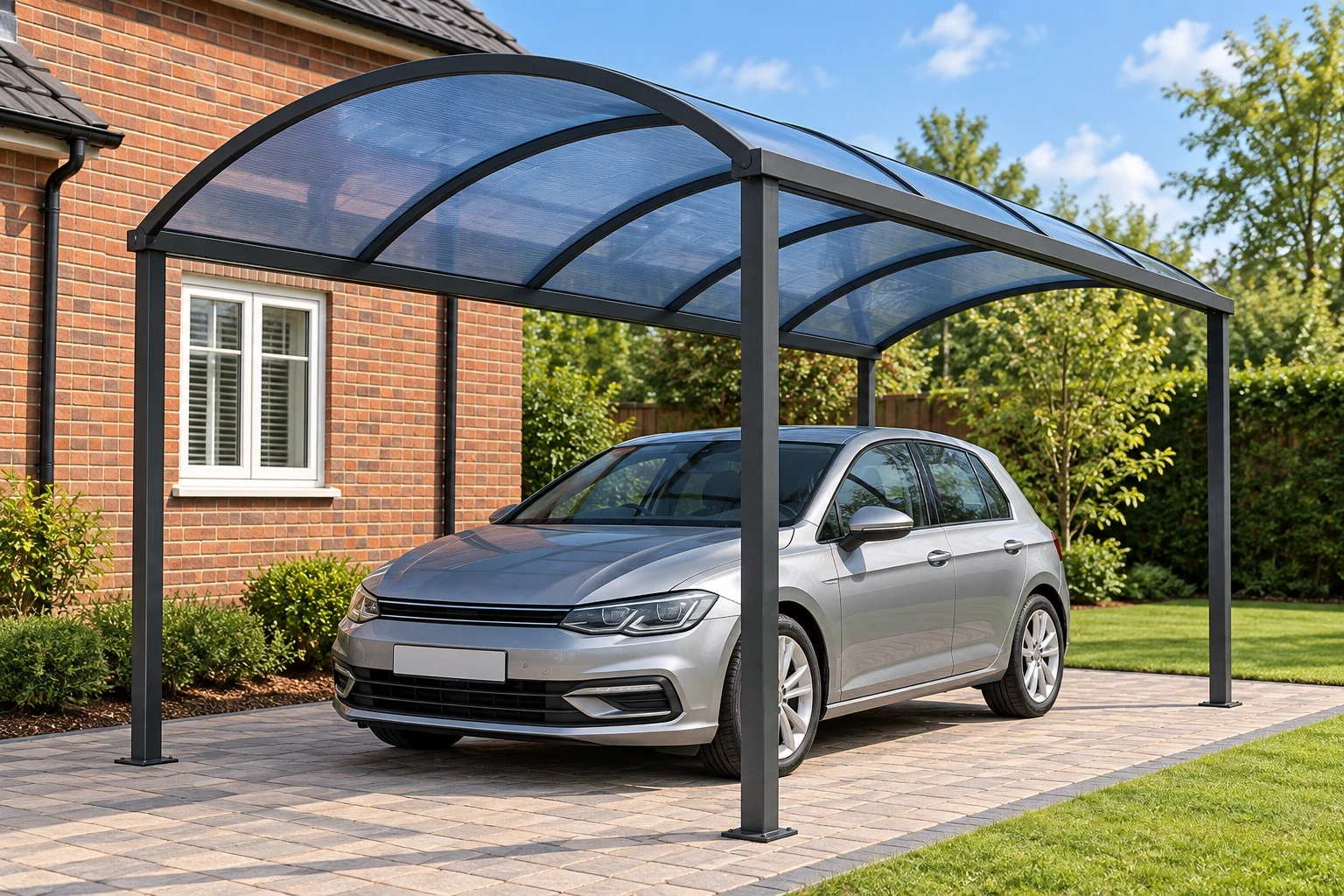 A four-post graphite Easy-size carport with a curved translucent roof over a residential driveway.