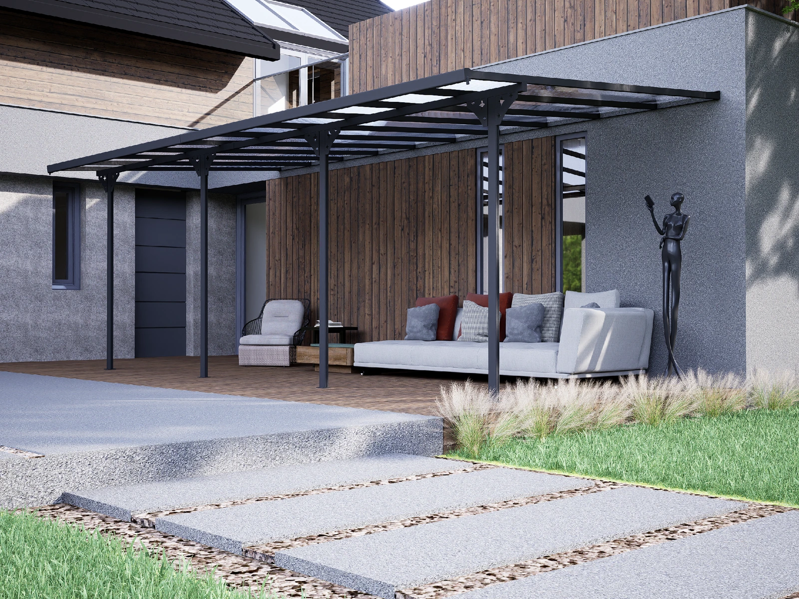 FAS Patio Cover · extended lounge layout beside a timber-clad house