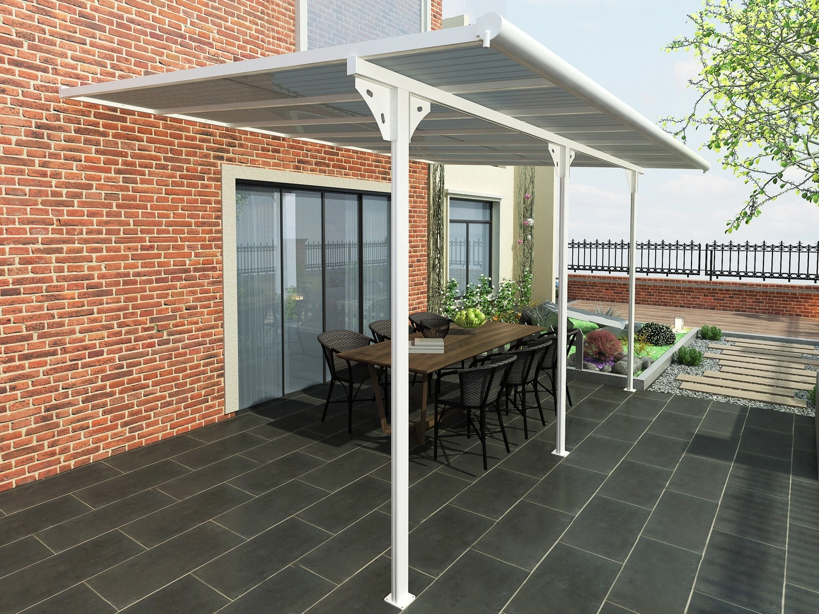 FAS Patio Cover · white fas patio cover over an outdoor dining area