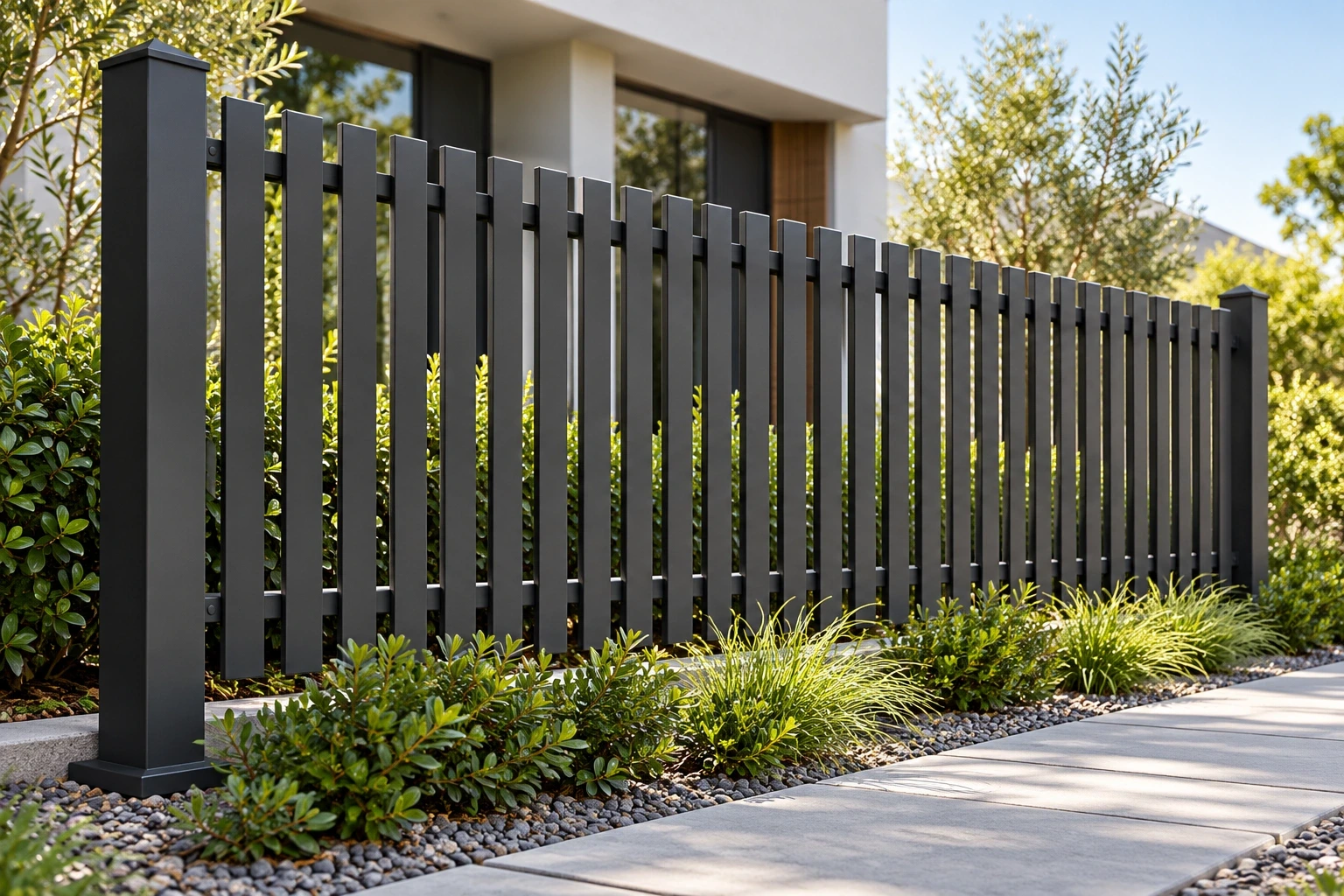 Open batten fencing along a garden path
