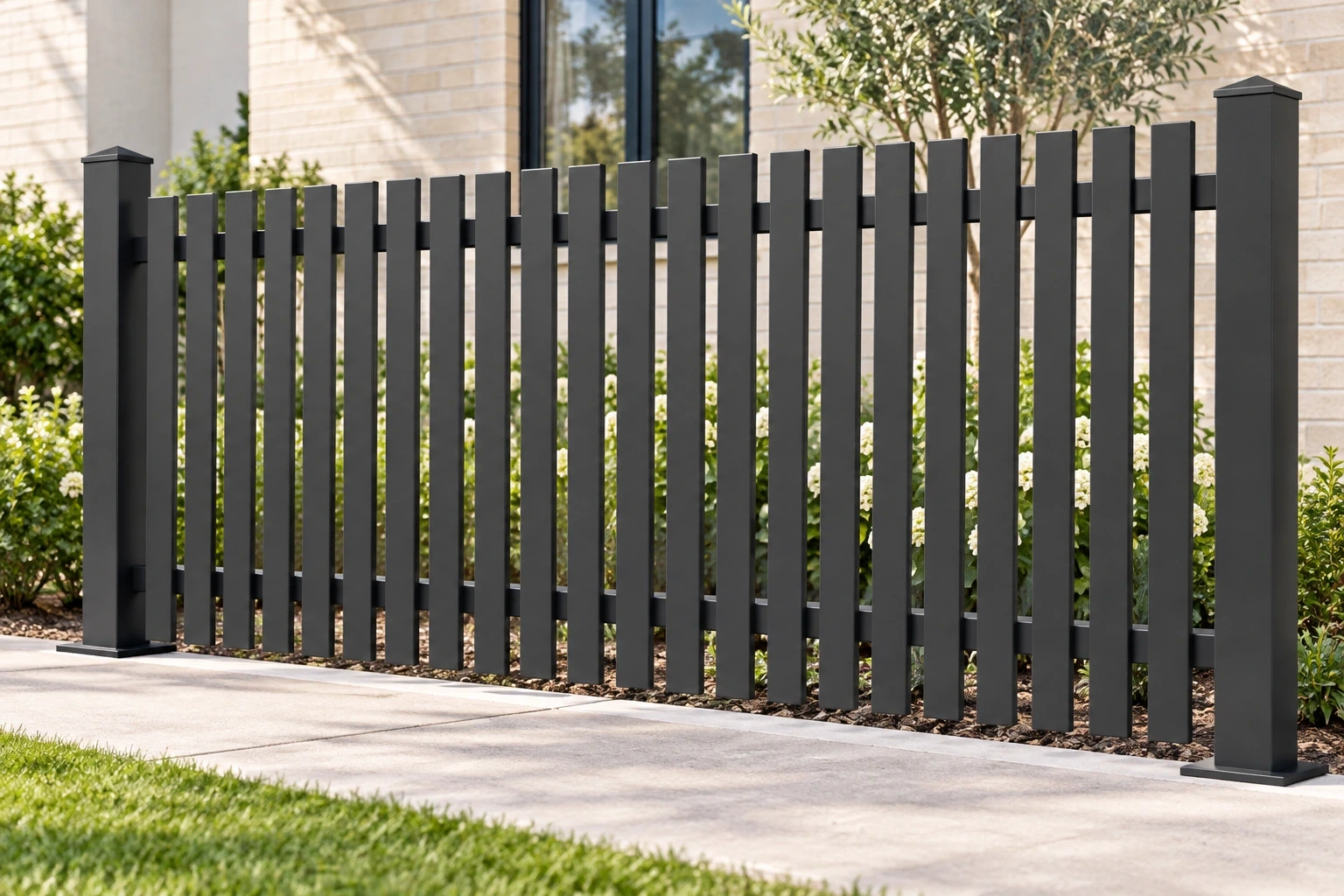 Graphite vertical batten panels with open gaps and square posts beside a garden path.