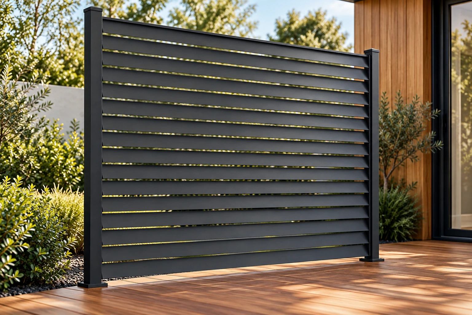 A graphite horizontal-blade fence beside a timber terrace and garden planting.