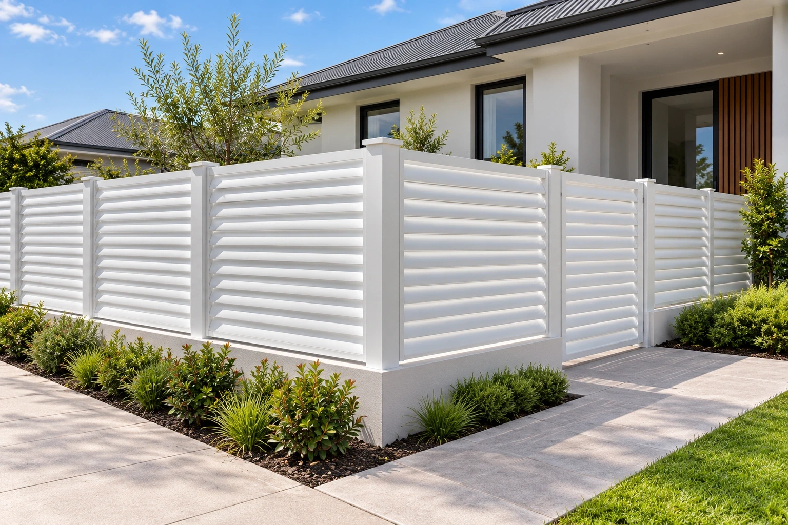 White louvred fencing along a residential frontage