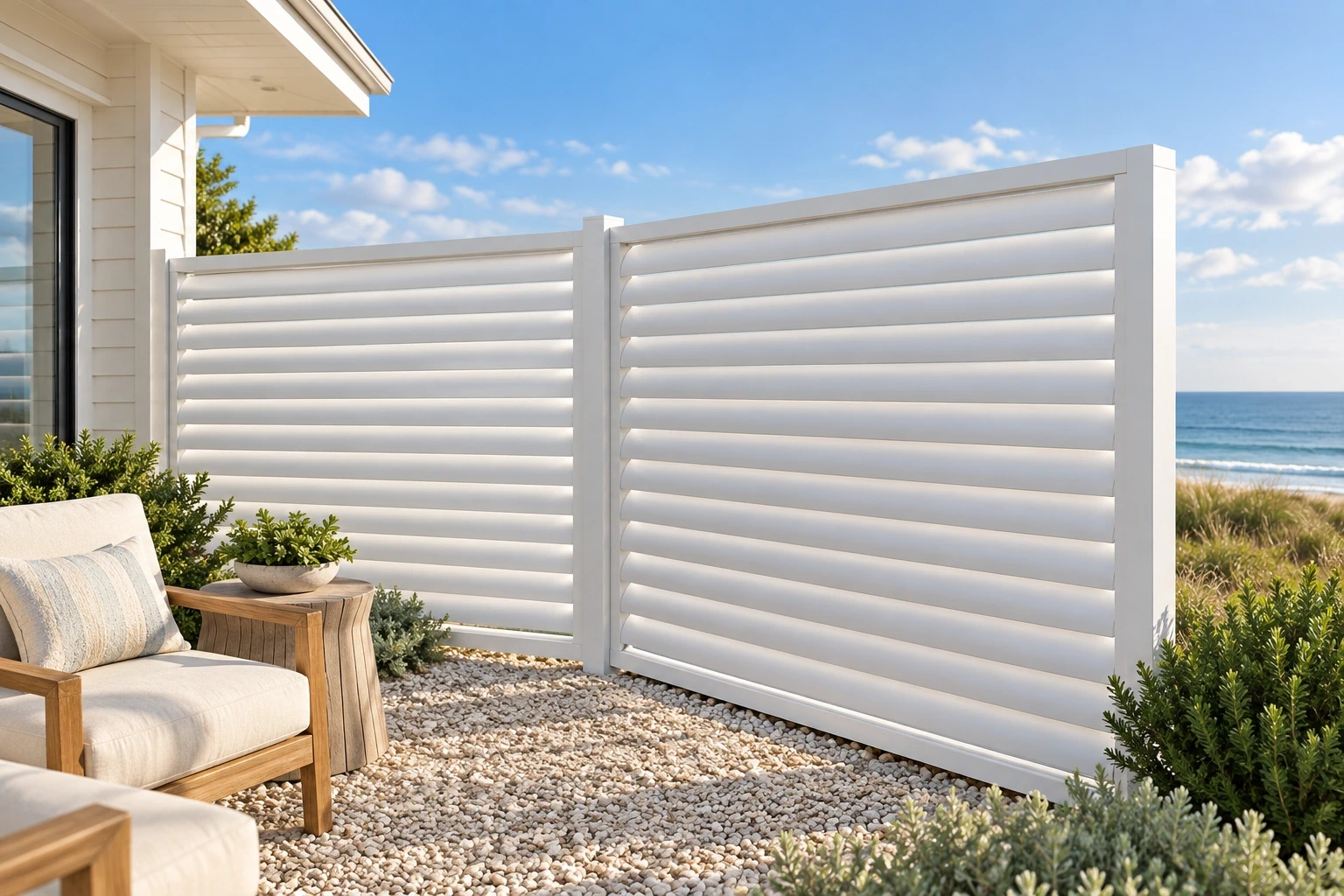 White curved-blade louvred panels framing a coastal seating terrace.