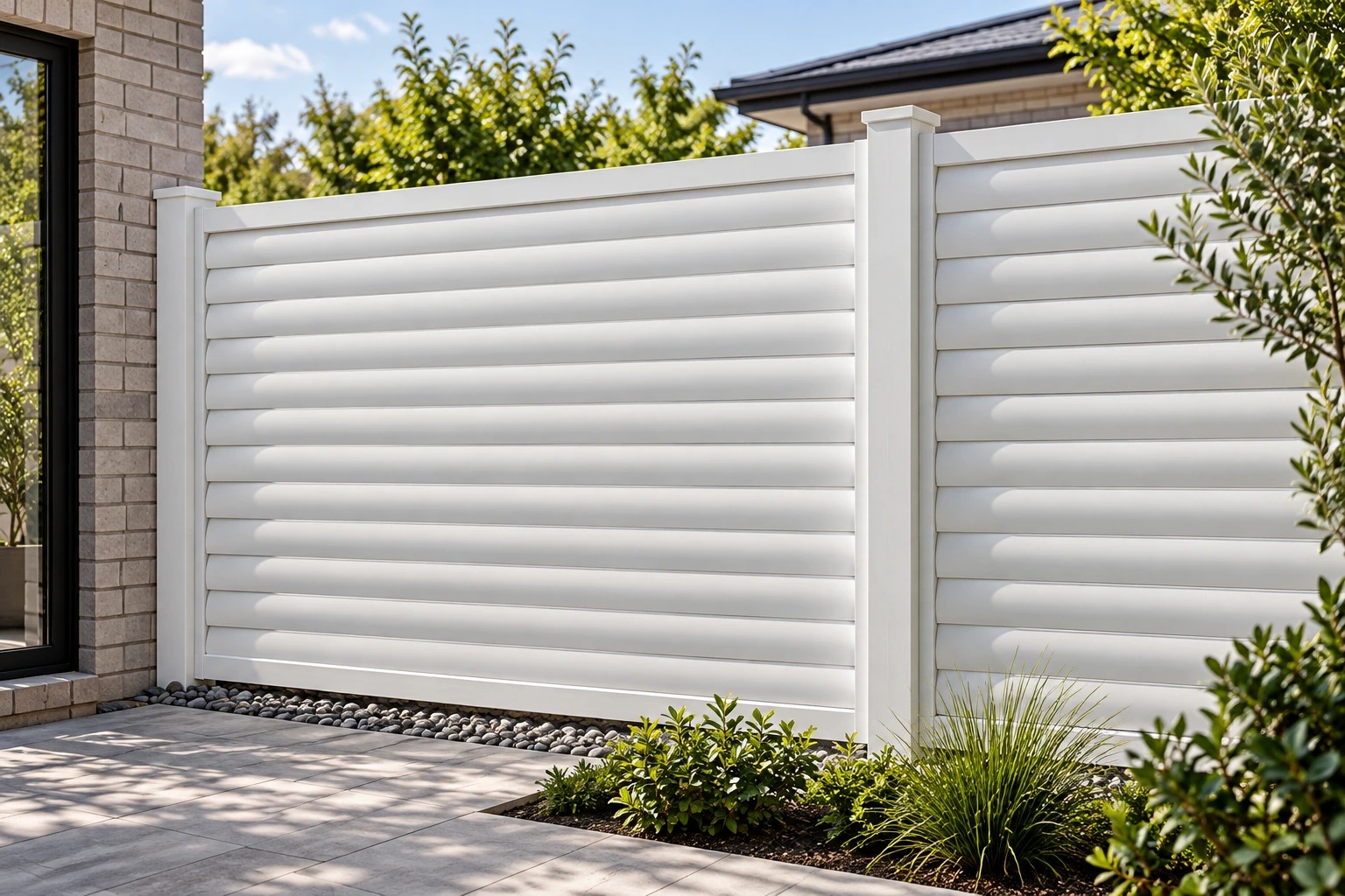 White framed louvred panels with curved horizontal blades along a garden boundary.
