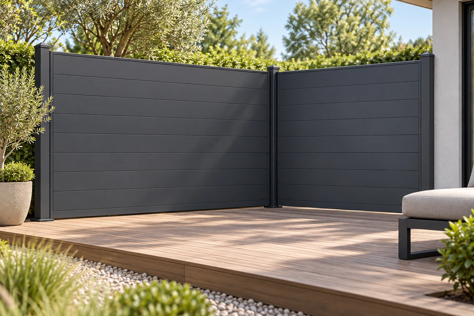 Closed horizontal-infill panels forming a private corner on a timber terrace.