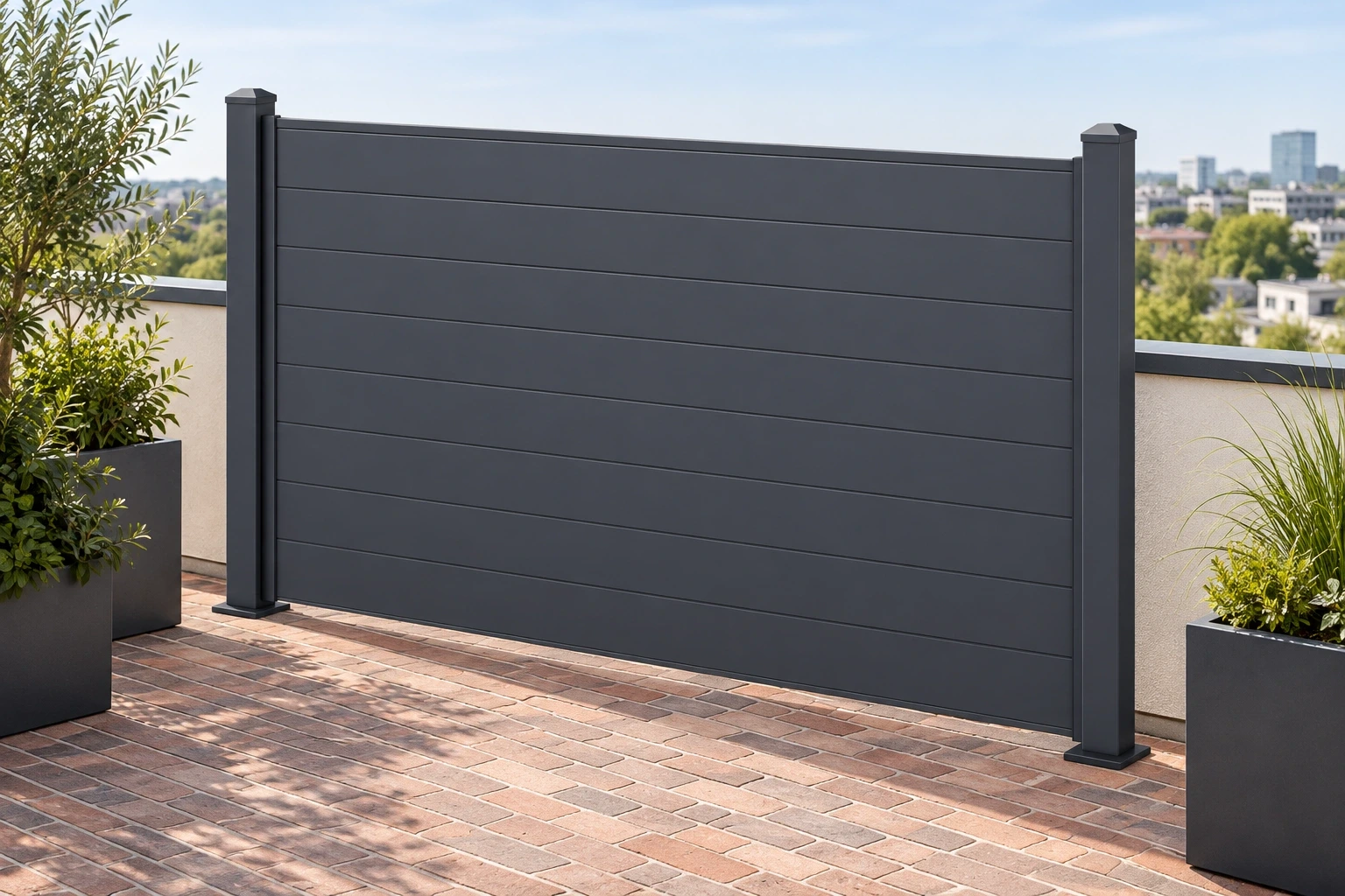 A closed graphite horizontal-infill fence with square posts beside a brick-paved terrace.