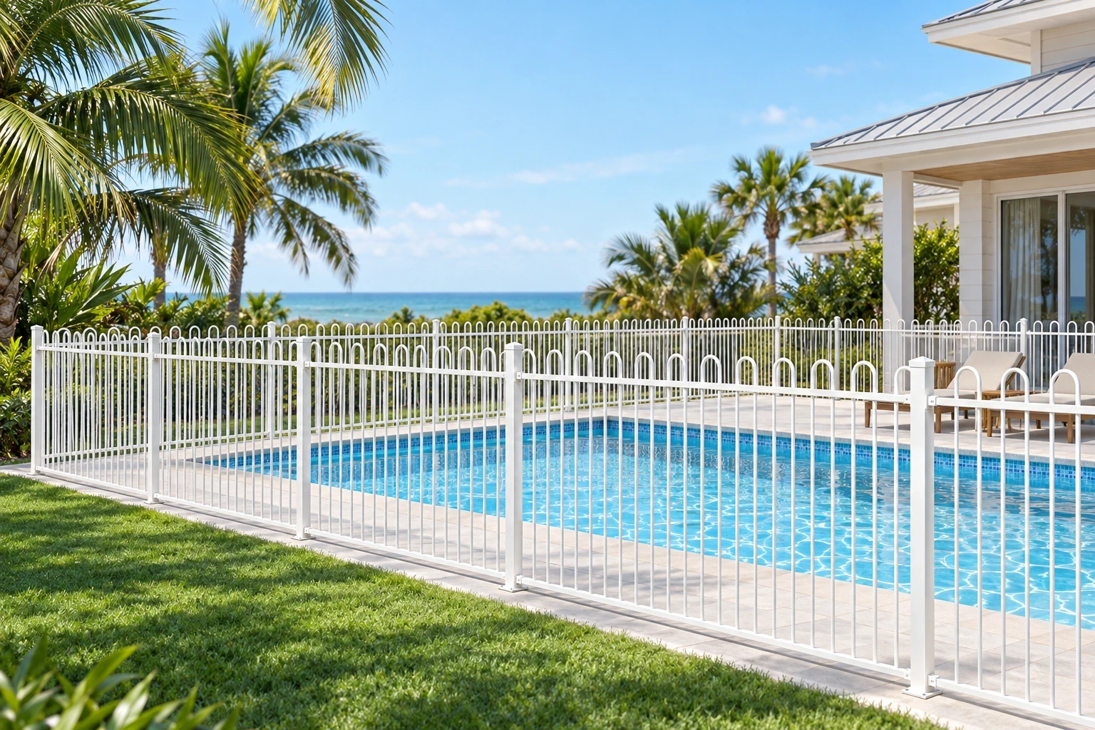 White loop-top pool fencing beside a lawn and residential pool.