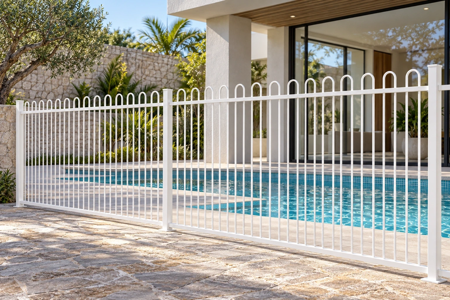 White loop-top picket fencing enclosing a paved outdoor pool area.