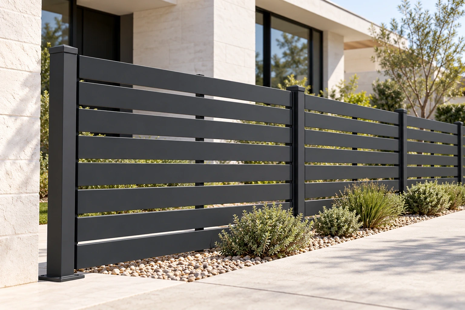 Horizontal slat boundary in a contemporary garden