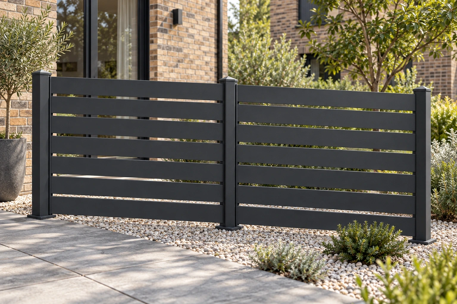 Graphite horizontal slat panels with open gaps and capped square posts beside a paved courtyard.