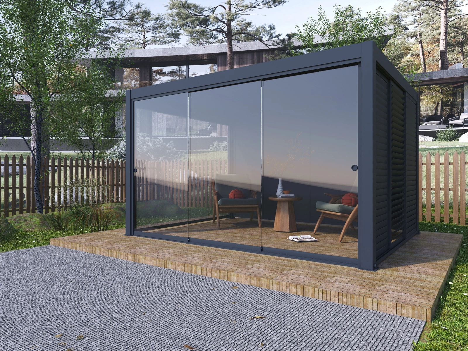 Frameless Sliding Glass Doors — frameless sliding glass panels on a timber-deck pergola