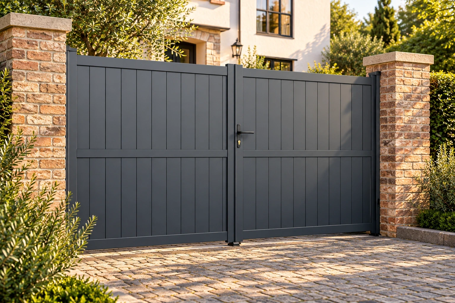 A closed graphite two-leaf swing gate with vertical infill and middle crossrails on a brick-lined residential approach.