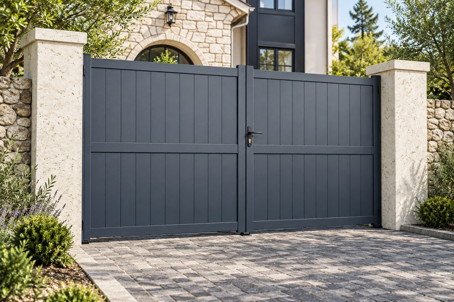 Two graphite double-swing gate leaves with closed vertical boards and a horizontal middle rail between stone driveway piers.