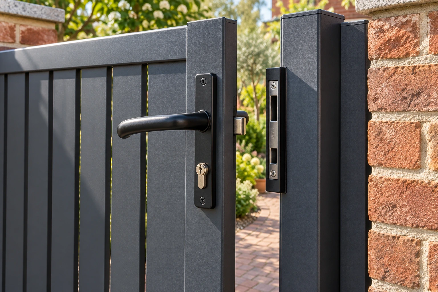 A black lever lock and matching narrow keeper installed at the meeting edge of a graphite aluminium pedestrian gate.