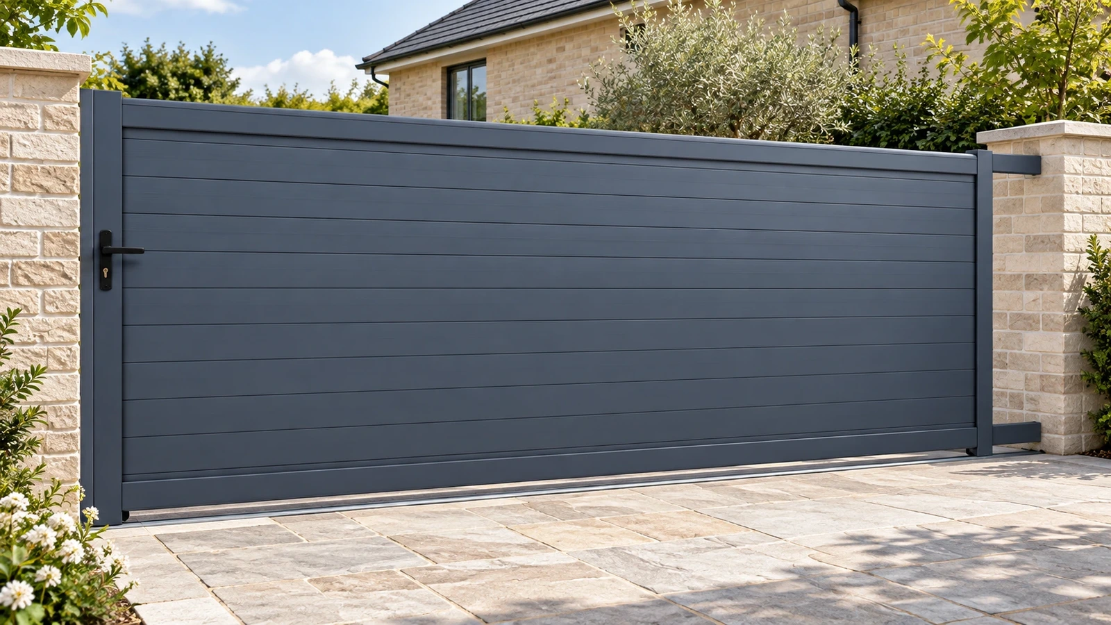 A continuous graphite sliding gate with closed horizontal boards and a lower wheel track across a residential driveway.