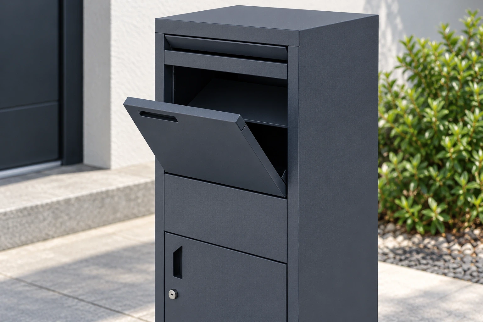 Closer view of a charcoal mailbox with its upper drop flap partly open and lower collection door closed