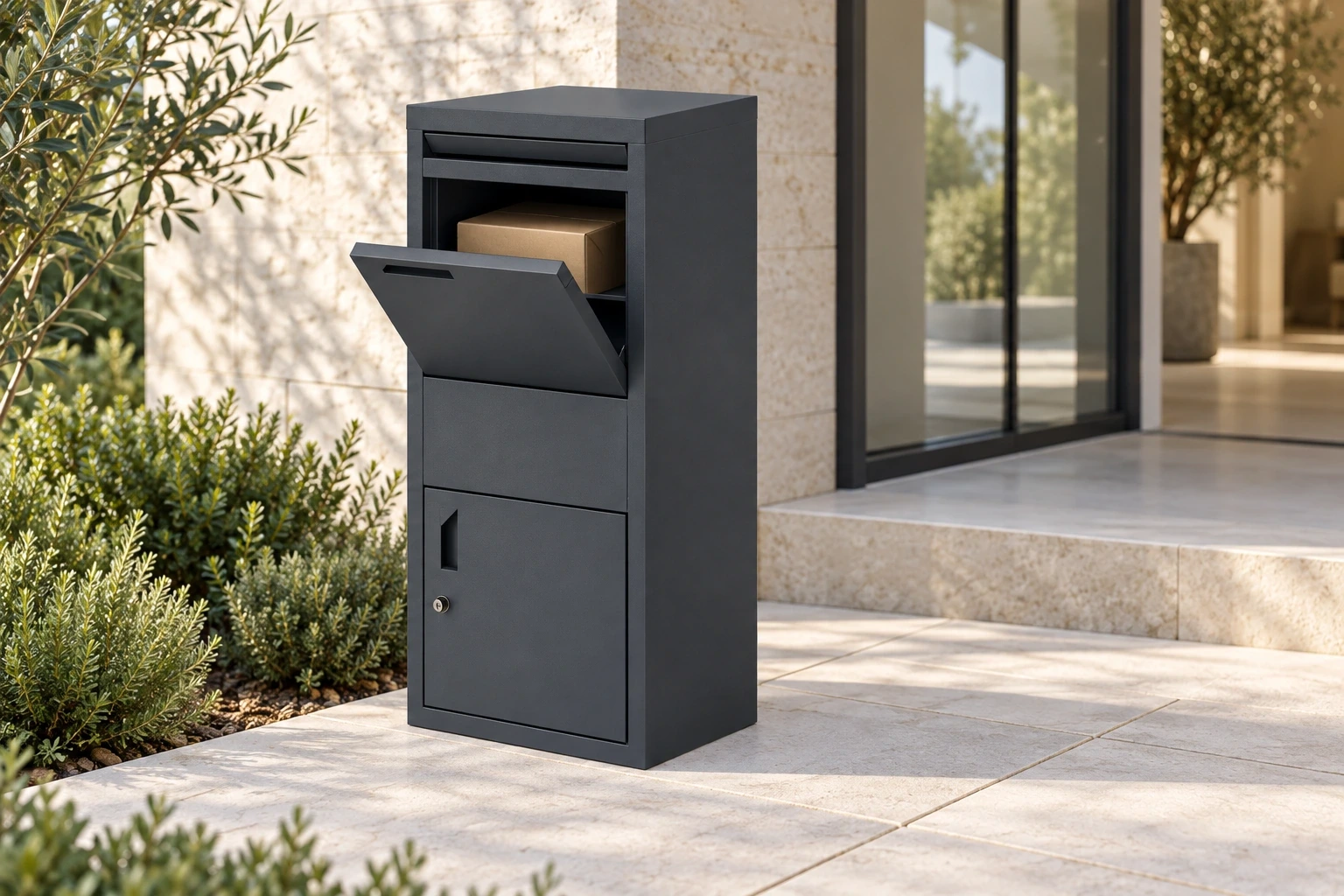 Charcoal parcel mailbox with upper delivery flap open beside a stone entrance path.