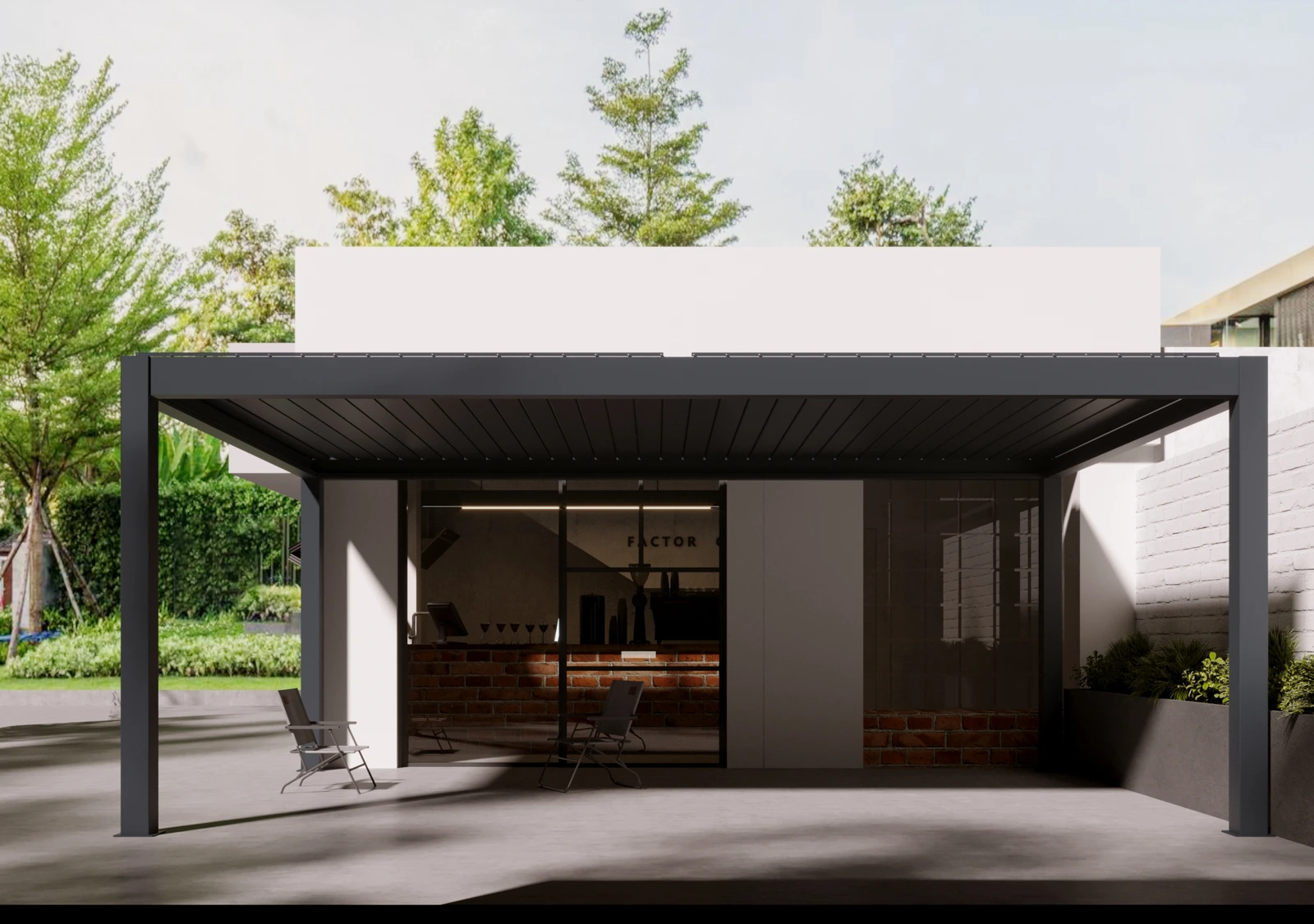 Pergola Model 200 · pergola in front of a modern facade