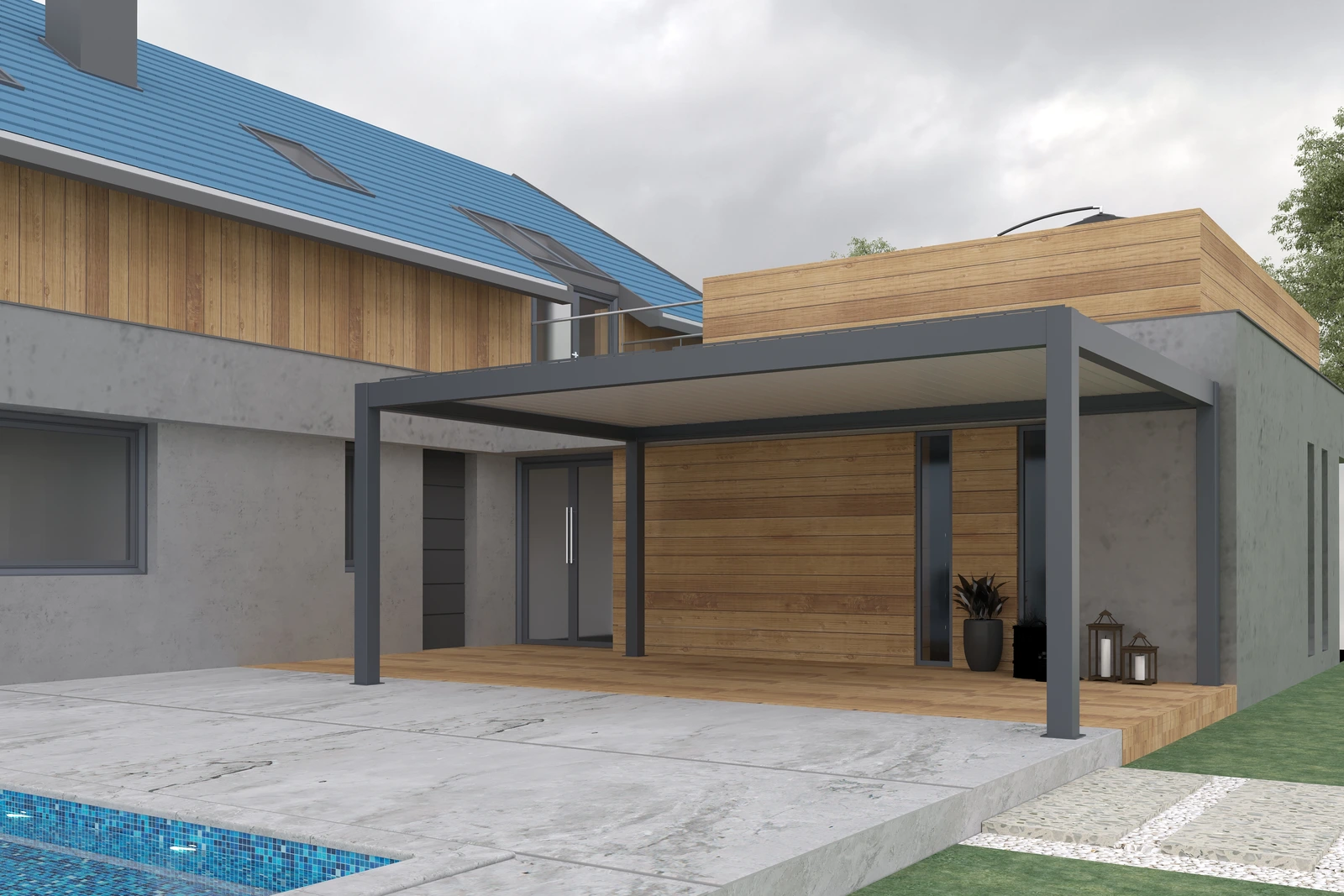 Pergola Model 200 · poolside terrace beside a timber-clad house
