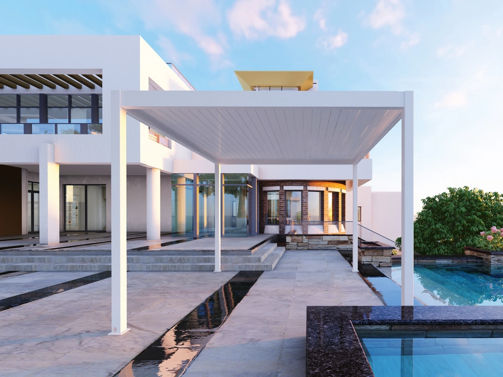 White pergola beside a pool