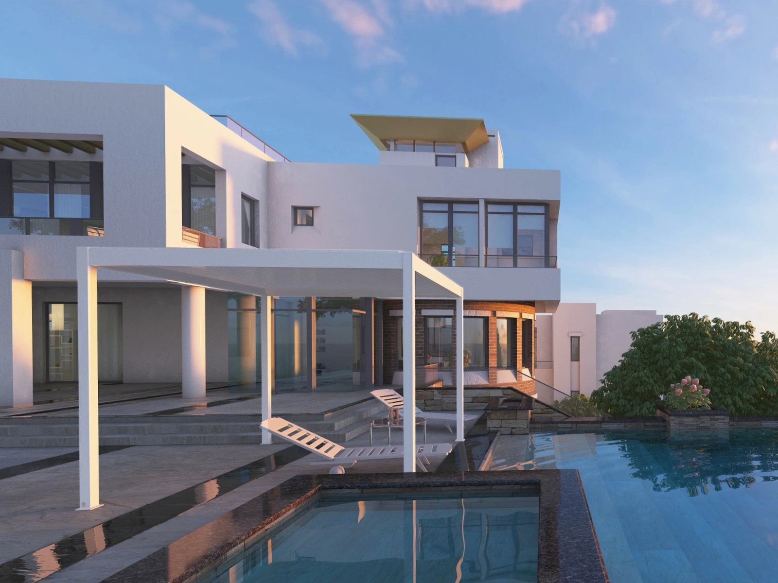 Pool terrace with a white pergola