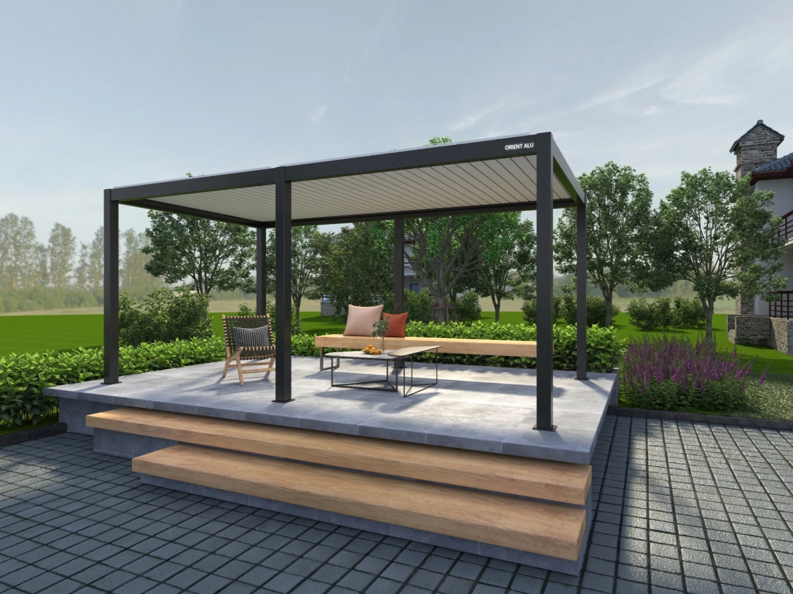 Open-sided pergola on a raised garden terrace