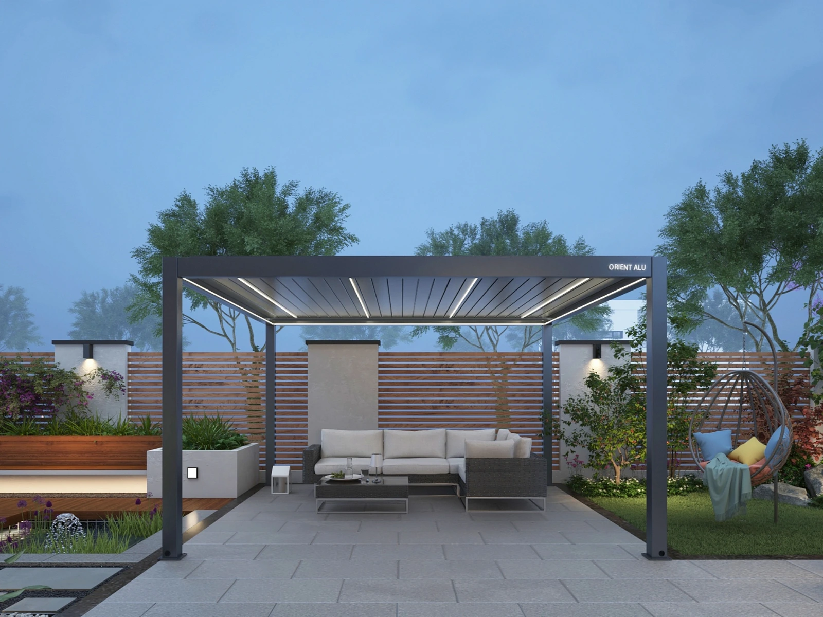Illuminated pergola at dusk