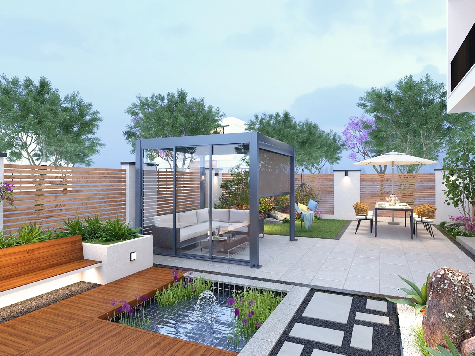 Pergola with glass panels and a side screen