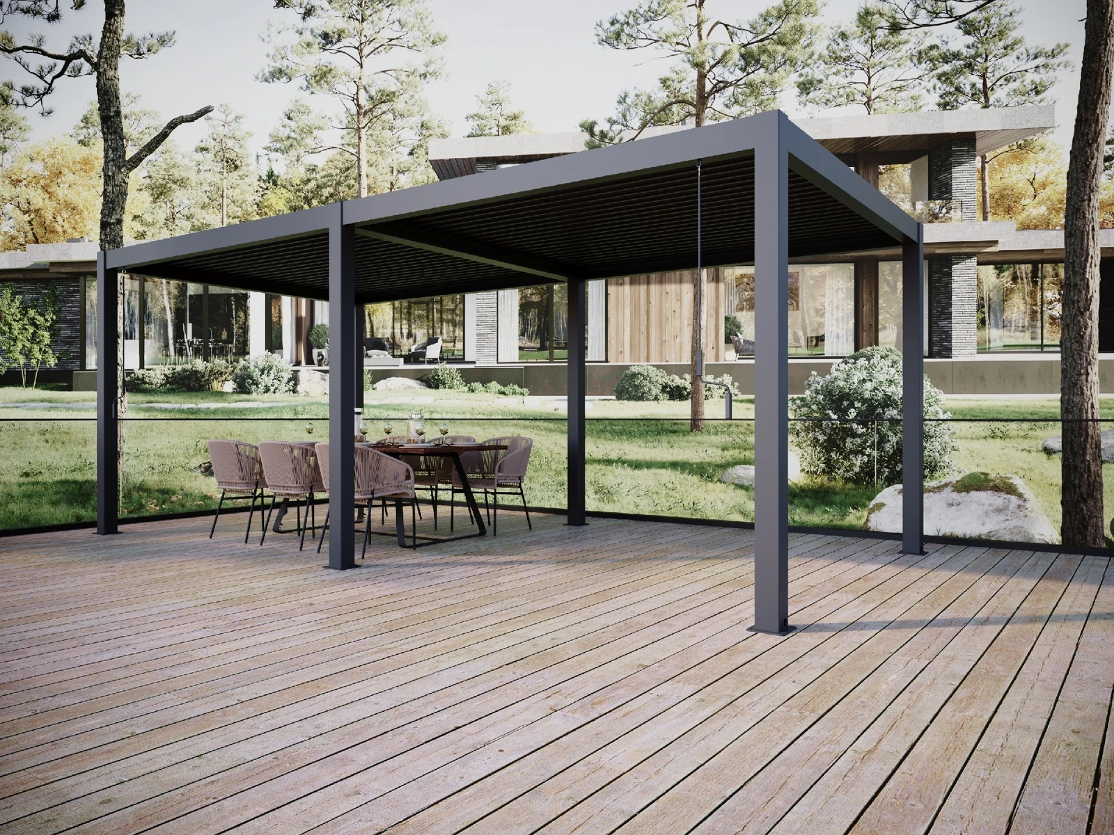 Double-bay single-layer pergola above deck dining