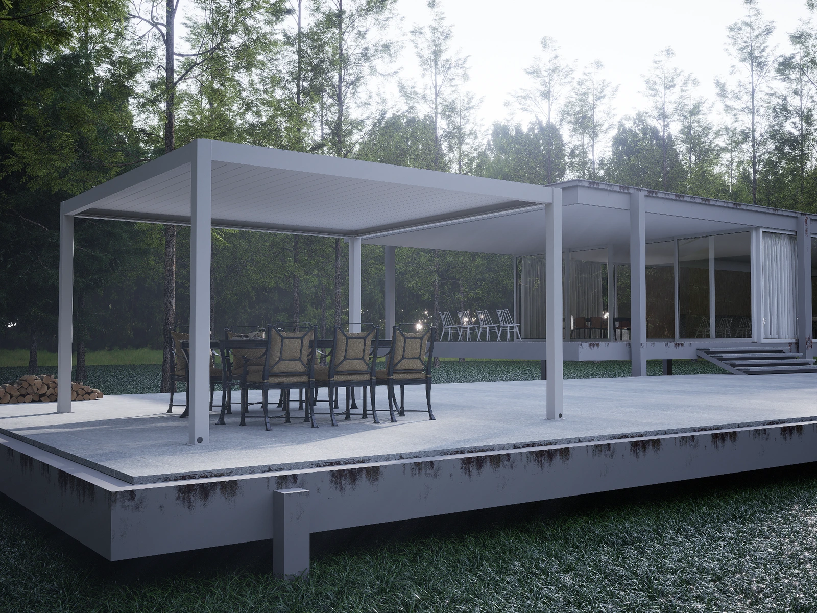 White pergola above a woodland dining terrace