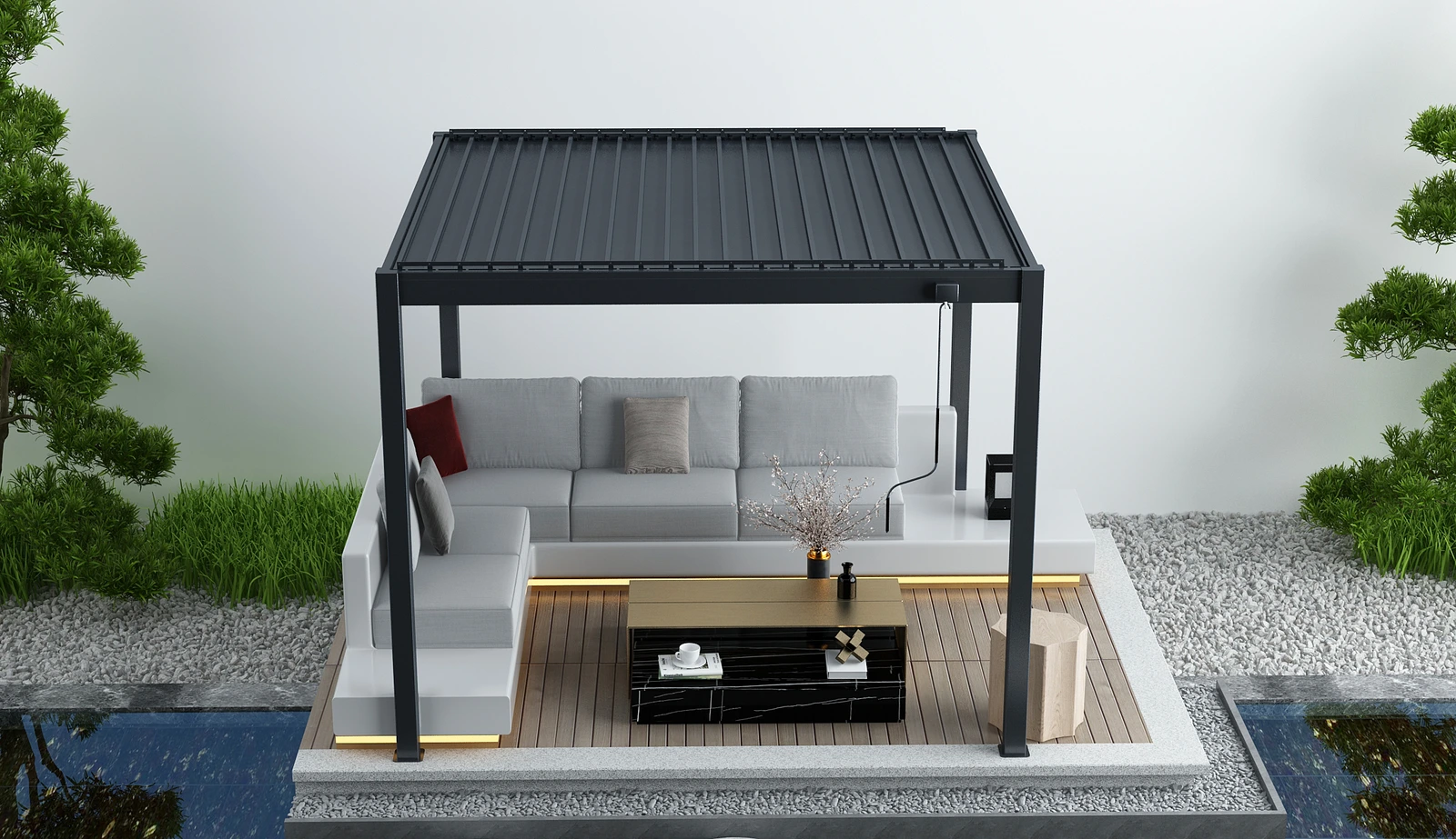 Steel-louvre Pergola Model 7 · terrace lounge and roof arrangement