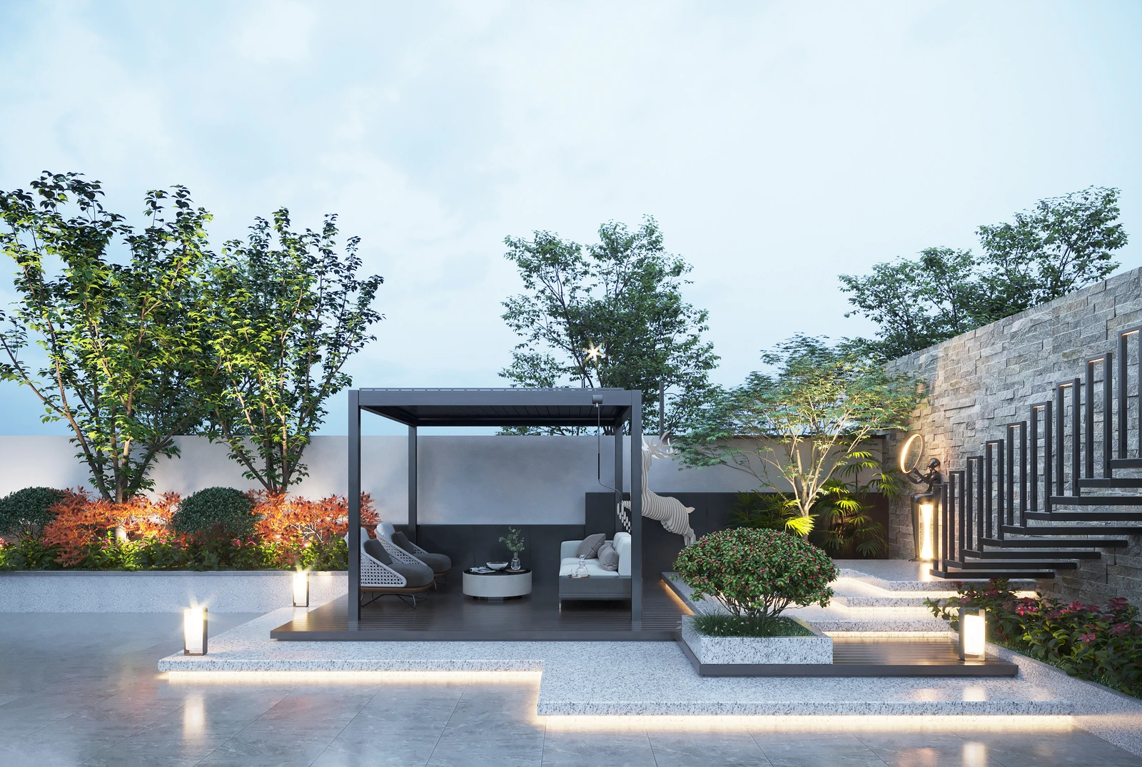 Steel-louvre Pergola Model 7 · landscaped garden seating