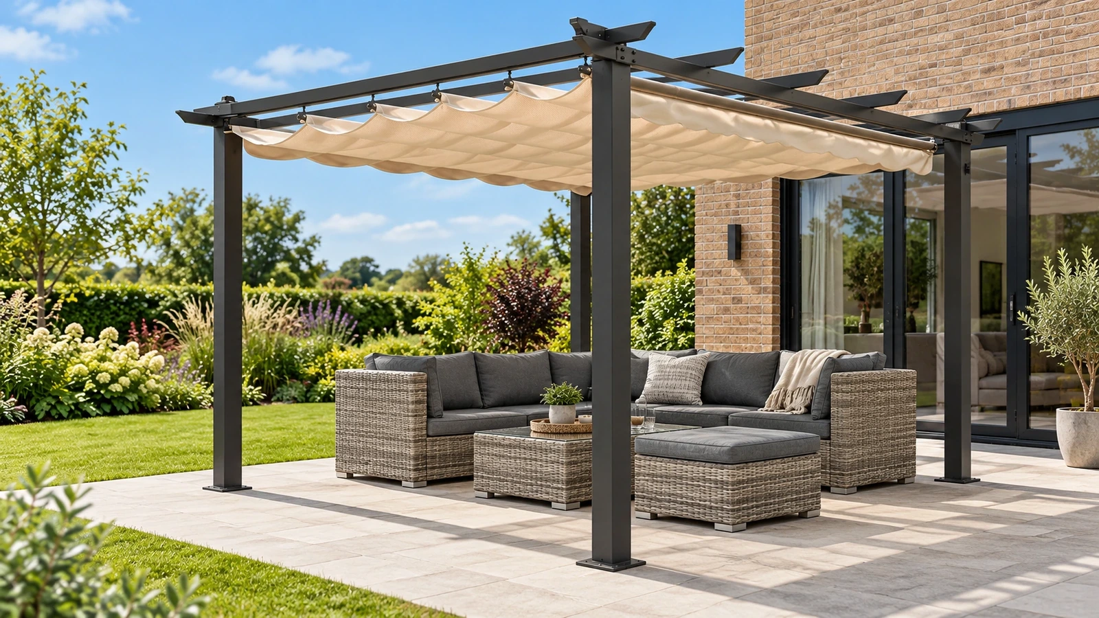 Cream retractable fabric canopy on a dark four-post aluminium frame above a paved garden terrace