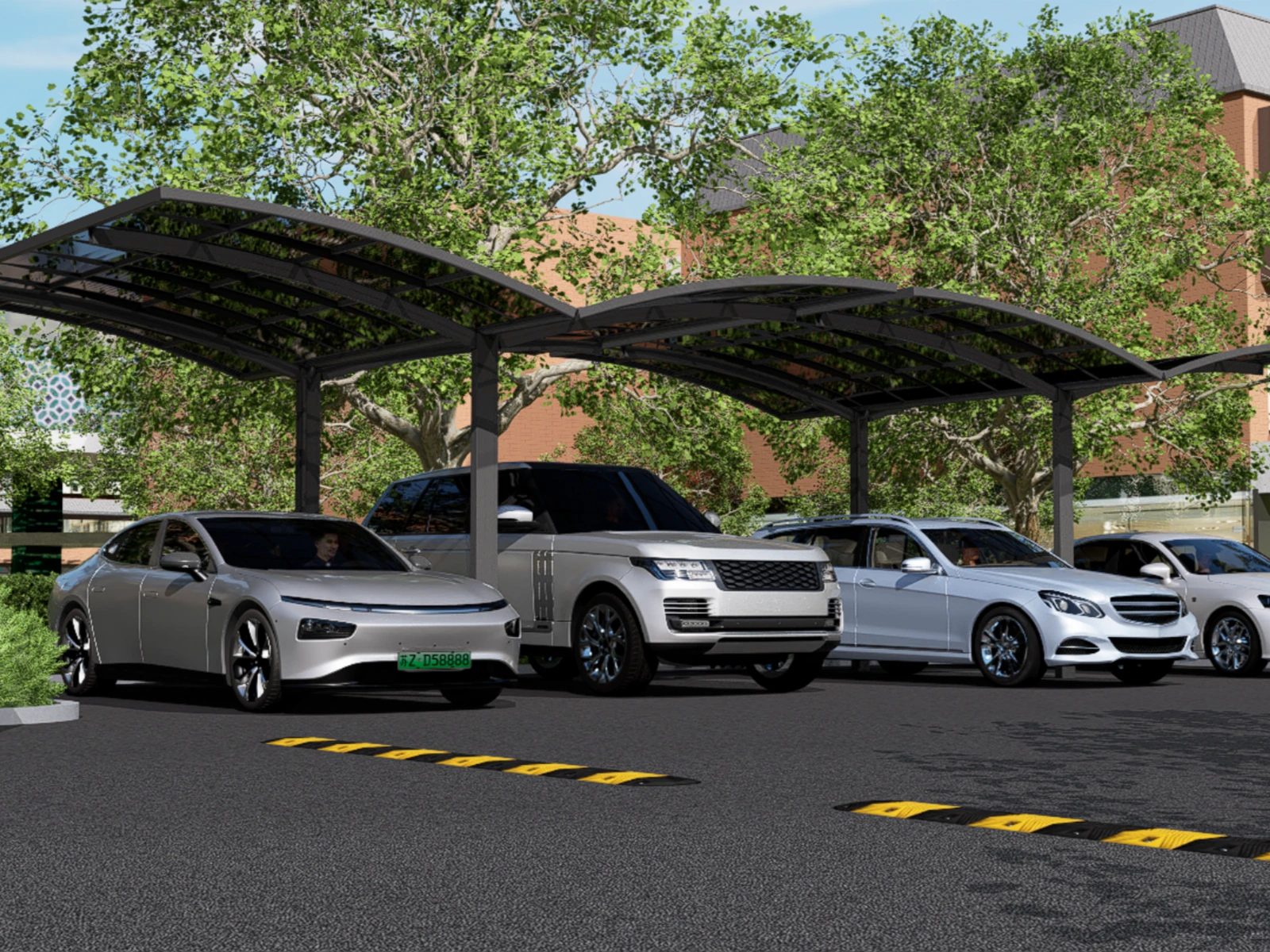 R Shape Carport · connected roof wings above a row of vehicles