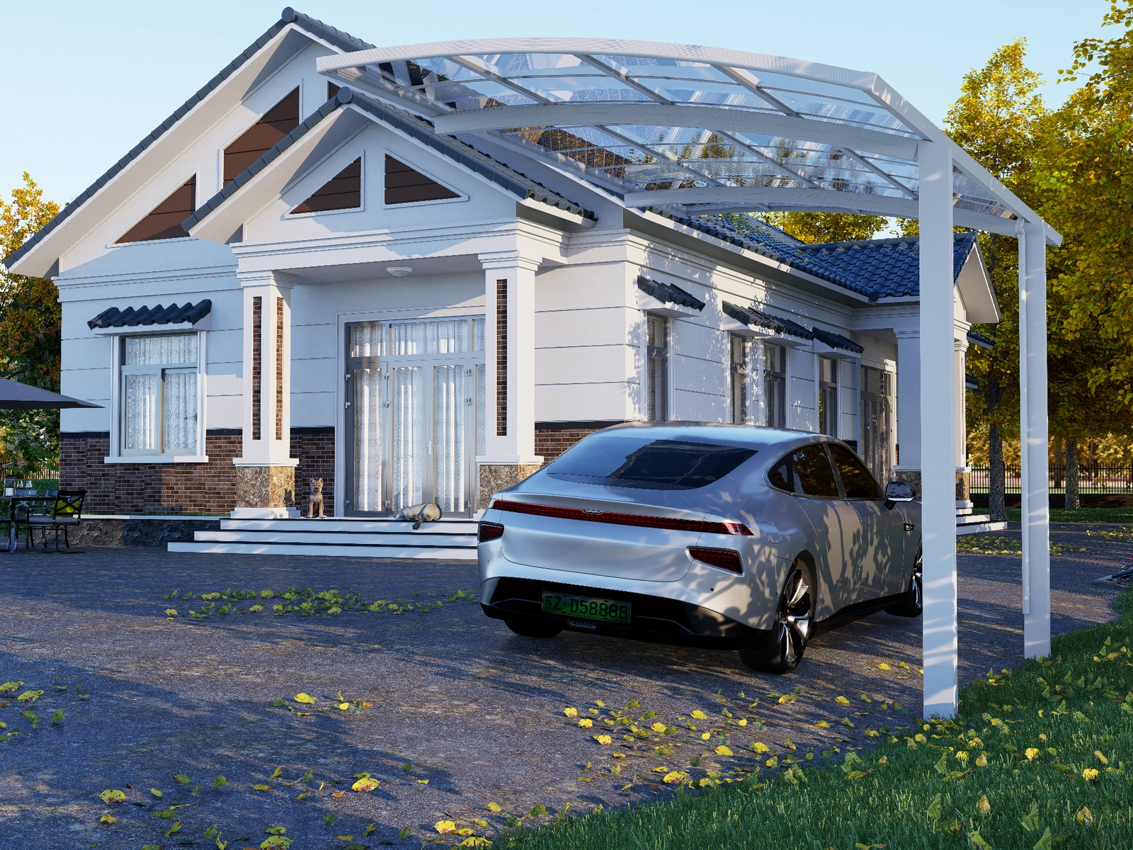 R Shape Carport · white single-sided carport beside a house