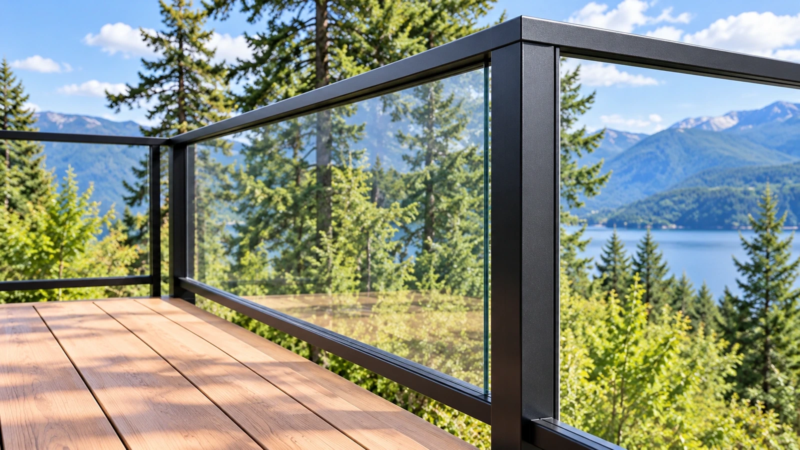 Close view of a square aluminium corner post joining top and bottom rails around clear glass infill