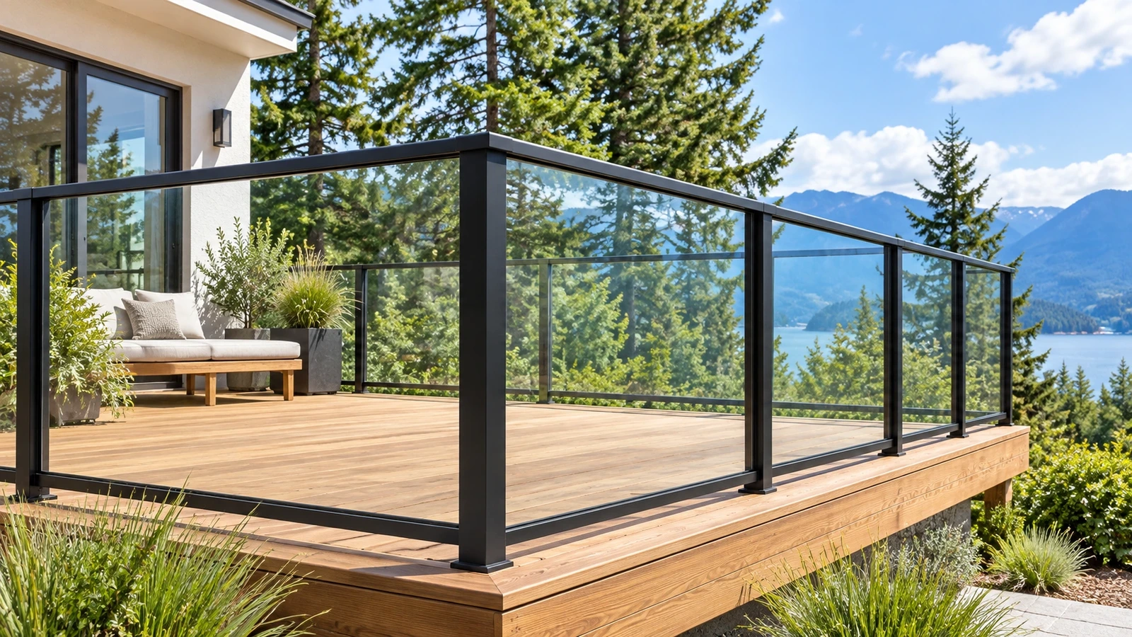 Framed glass railing with graphite posts and upper and lower rails bordering a timber residential deck.