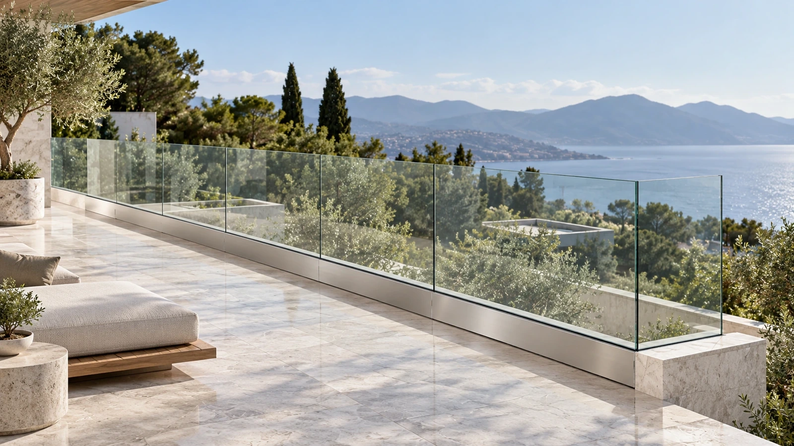Clear frameless glass panels rise from a continuous brushed-metal base channel along an open terrace
