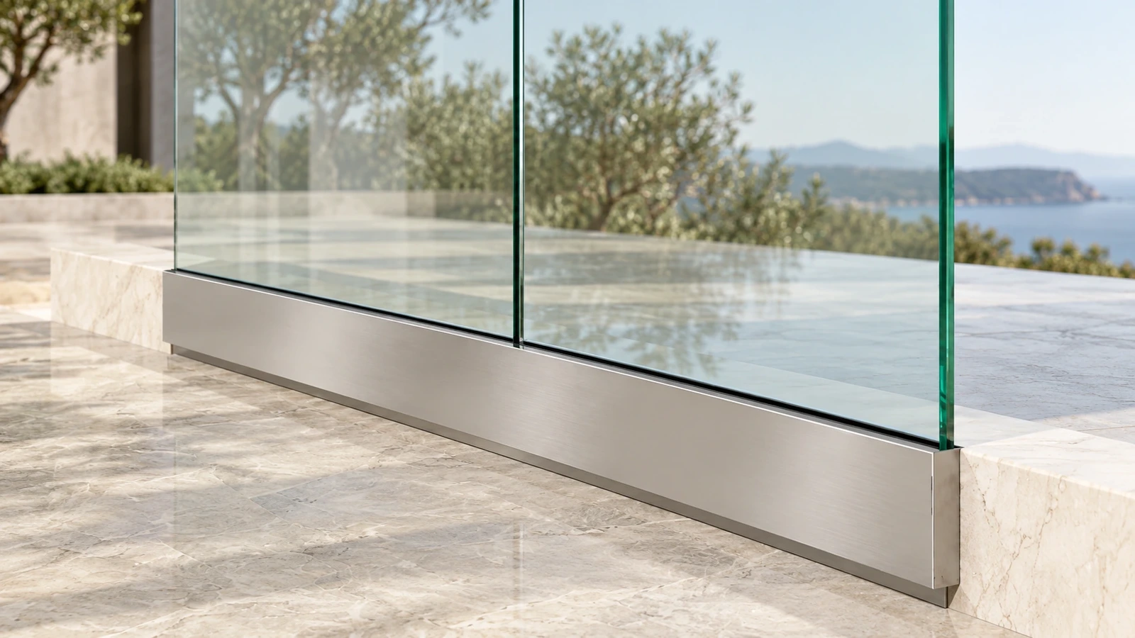 Close view of clear glass panel edges and their continuous brushed-metal base channel above a stone plinth