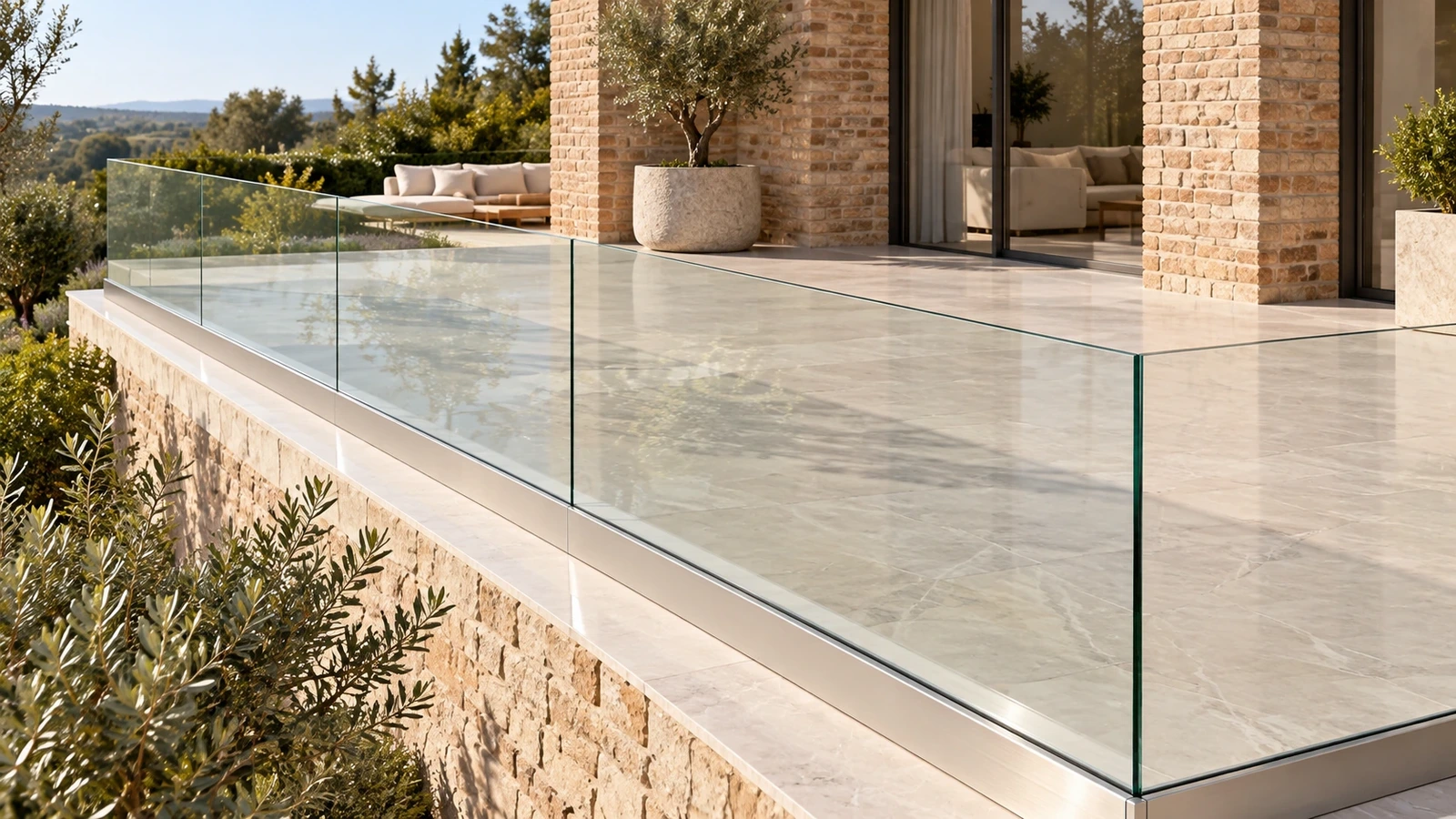 Frameless glass panels in a continuous metal base shoe along a stone residential terrace, with no posts or top rail.