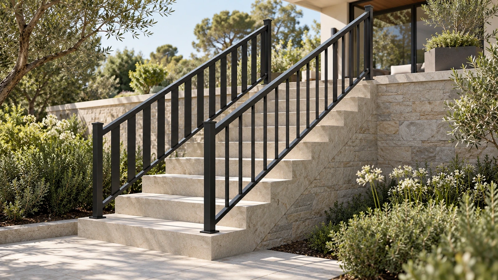 Graphite raked railings with upright pickets follow both sides of a pale stone garden stair